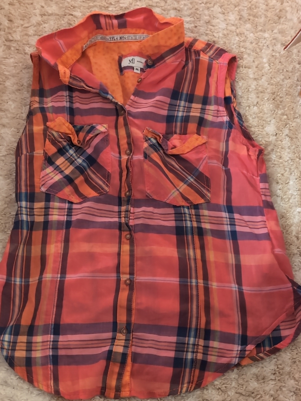 Sleeveless Plaid Button-Up Shirt – Orange & Navy